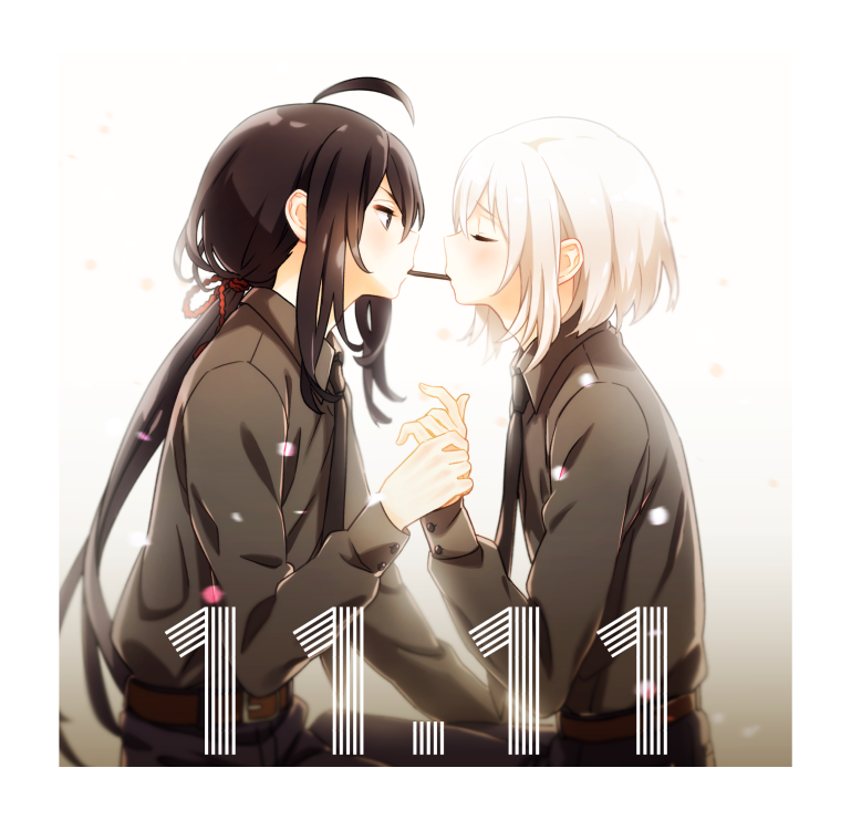 2boys, ahoge, black_hair, closed_eyes, deretta, honebami_toushirou, male_focus, multiple_boys, namazuo_toushirou, necktie, petals, pocky, pocky_day, pocky_kiss, ponytail, shared_food, touken_ranbu, violet_eyes, white_hair, yaoi