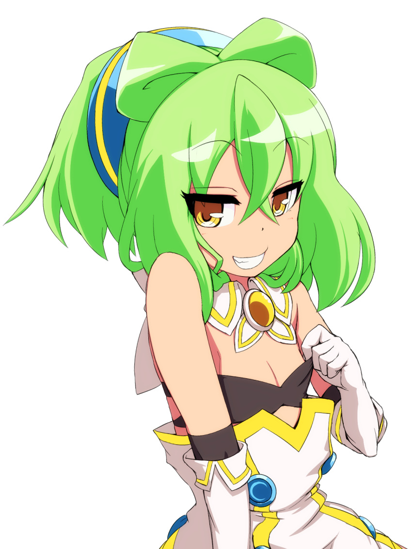 1girl, bare_shoulders, bra, brown_eyes, dress, elbow_gloves, gloves, green_hair