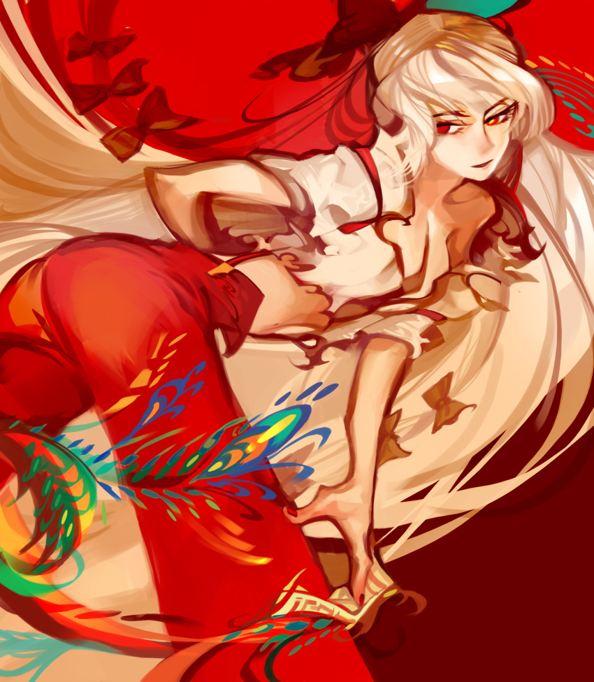 1girl, absurdly_long_hair, arm_behind_back, ass, bangs, bent_over, bird_tail, bow, breasts, cleavage, fujiwara_no_mokou, glowing, glowing_eye, hair_bow, highres, l5_(nanbabodaaa), light_smile, lips, long_hair, looking_back, looking_to_the_side, midriff, nail_polish, navel, off_shoulder, pants, pointy_nose, red_background, red_eyes, red_lips, red_nails, red_pants, shirt, short_sleeves, simple_background, solo, suspenders, talisman, torn_clothes, torn_shirt, touhou, very_long_hair, white_hair, yellow_pupils