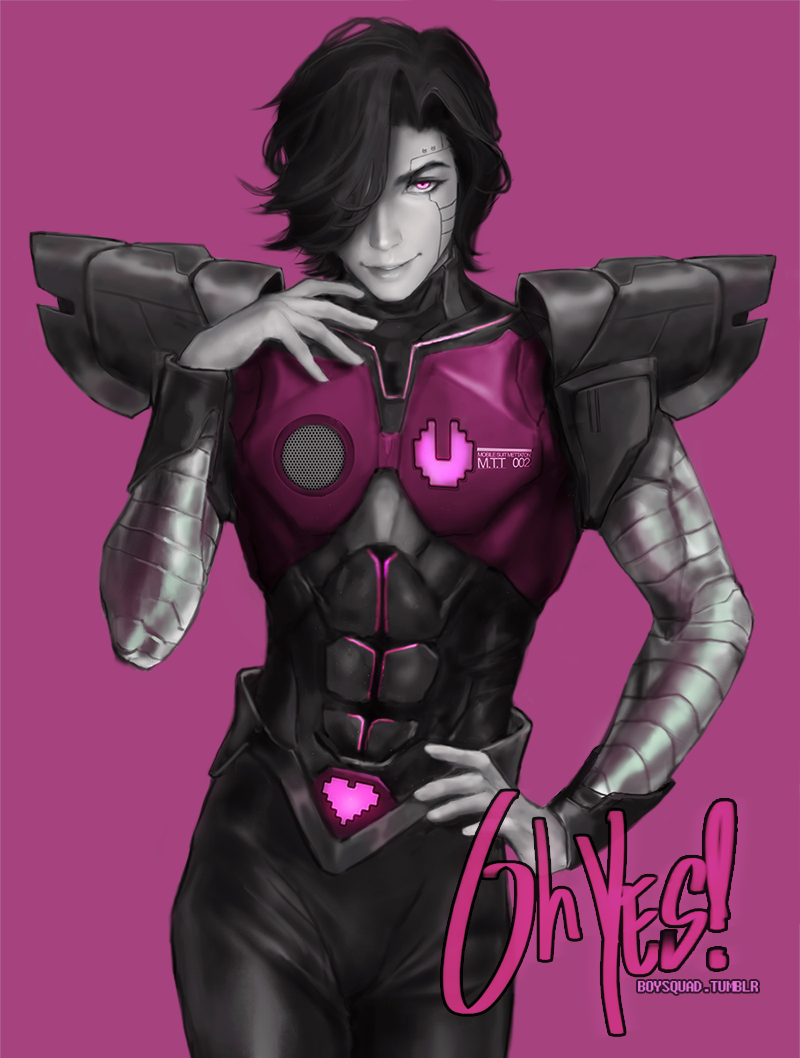 1boy, adapted_costume, black_hair, boysquad, cowboy_shot, english, grey_skin, hair_over_one_eye, hand_on_hip, male, male_focus, mettaton, mettaton_ex, pauldrons, realistic, robot, short_hair, solo, tagme, tumblr_username, undertale, violet_eyes, watermark, web_address