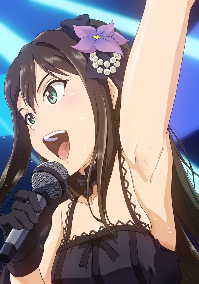 1girl, :d, arm_up, armpits, bare_shoulders, black_gloves, black_gothic_dress_(idolmaster), flower