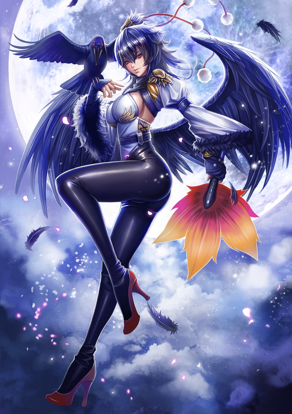 1girl, adapted_costume, ass, bird, black_hair, black_wings, bodysuit, breasts