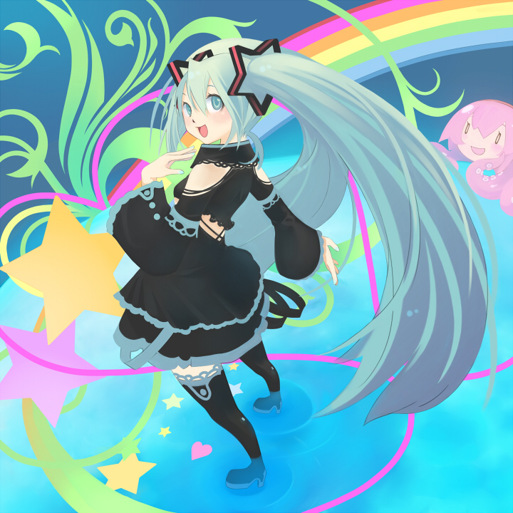 black_dress, blue_eyes, blue_hair, blush, boots, colorful, dress, happy