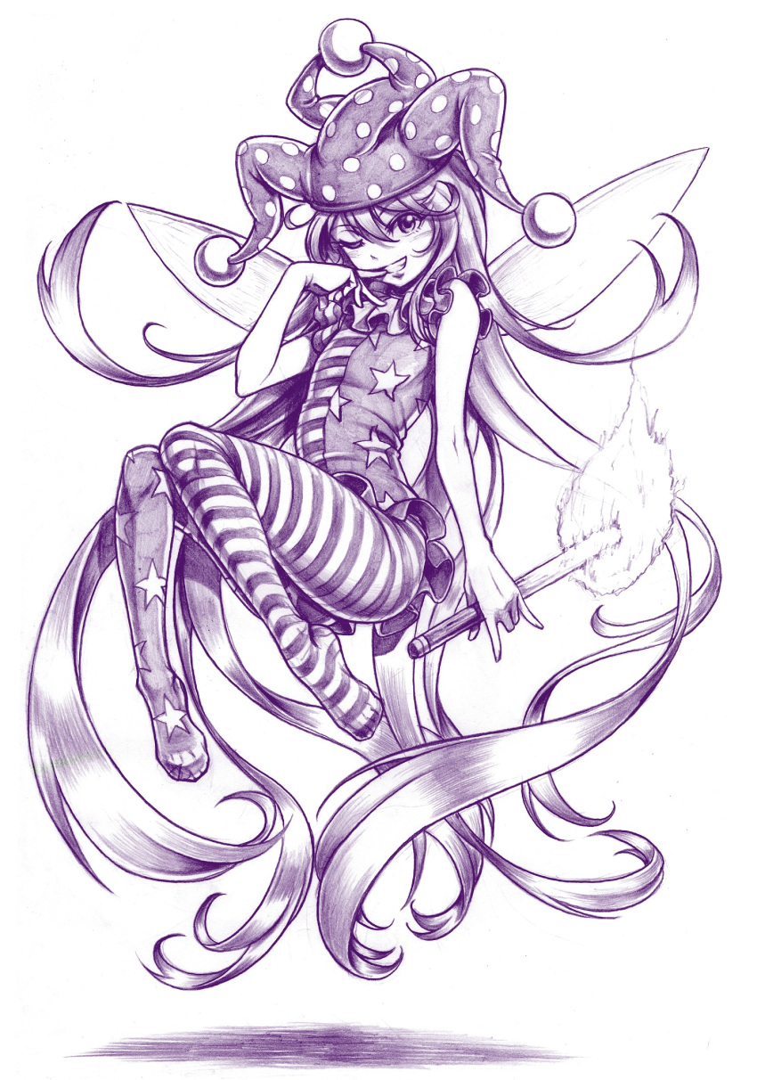 1girl, absurdly_long_hair, alvares, american_flag_legwear, american_flag_shirt, clownpiece, eyelashes, fairy_wings
