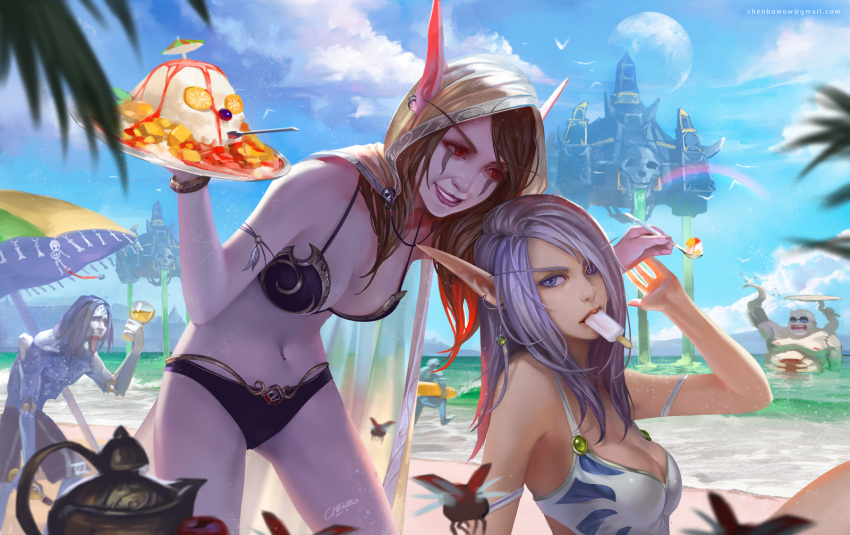 2girls, 3boys, armor, artist_name, backlighting, beach, beach_umbrella, bikini