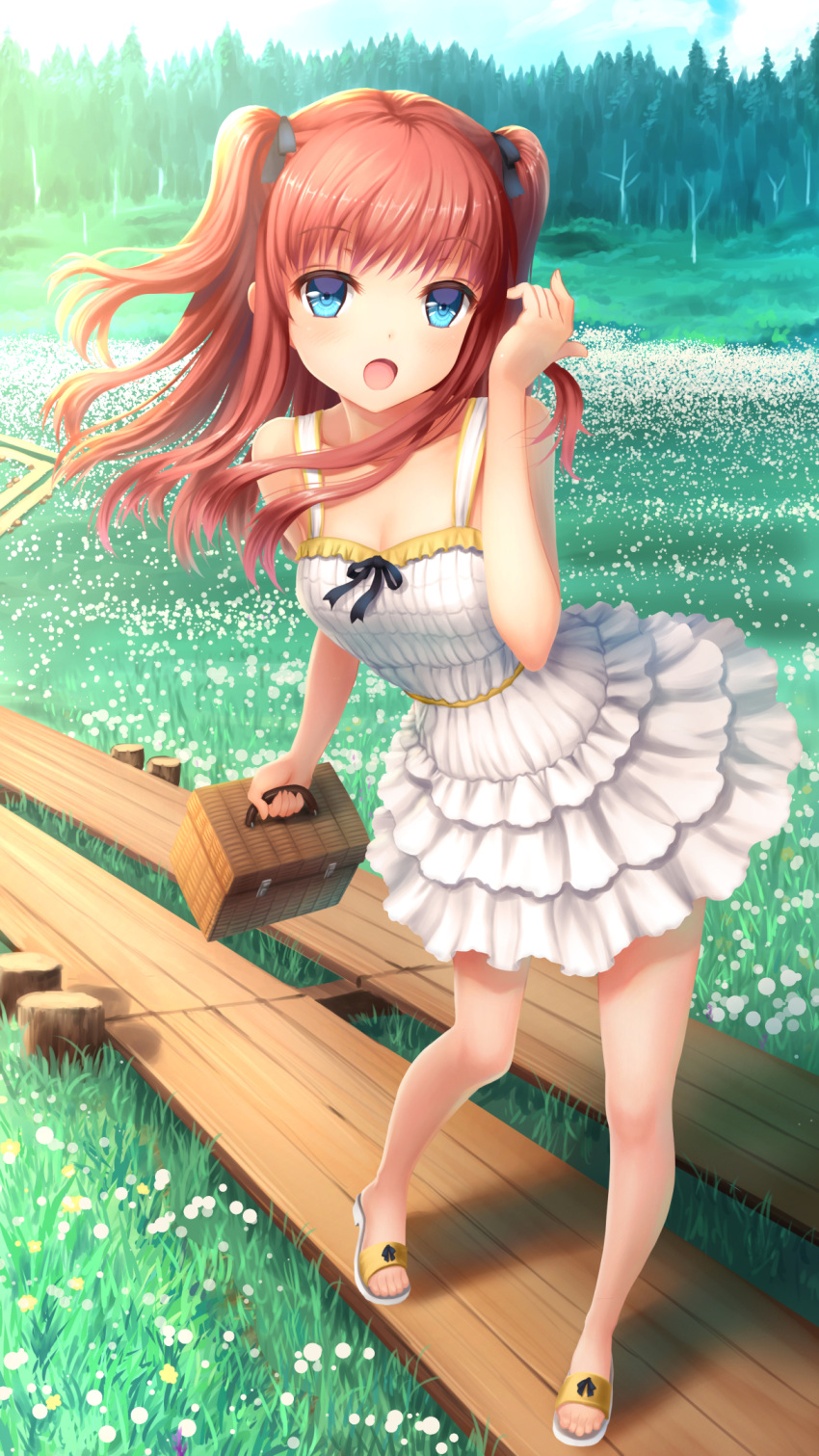 1girl, :o, basket, blue_eyes, dress, field, flower, flower_field