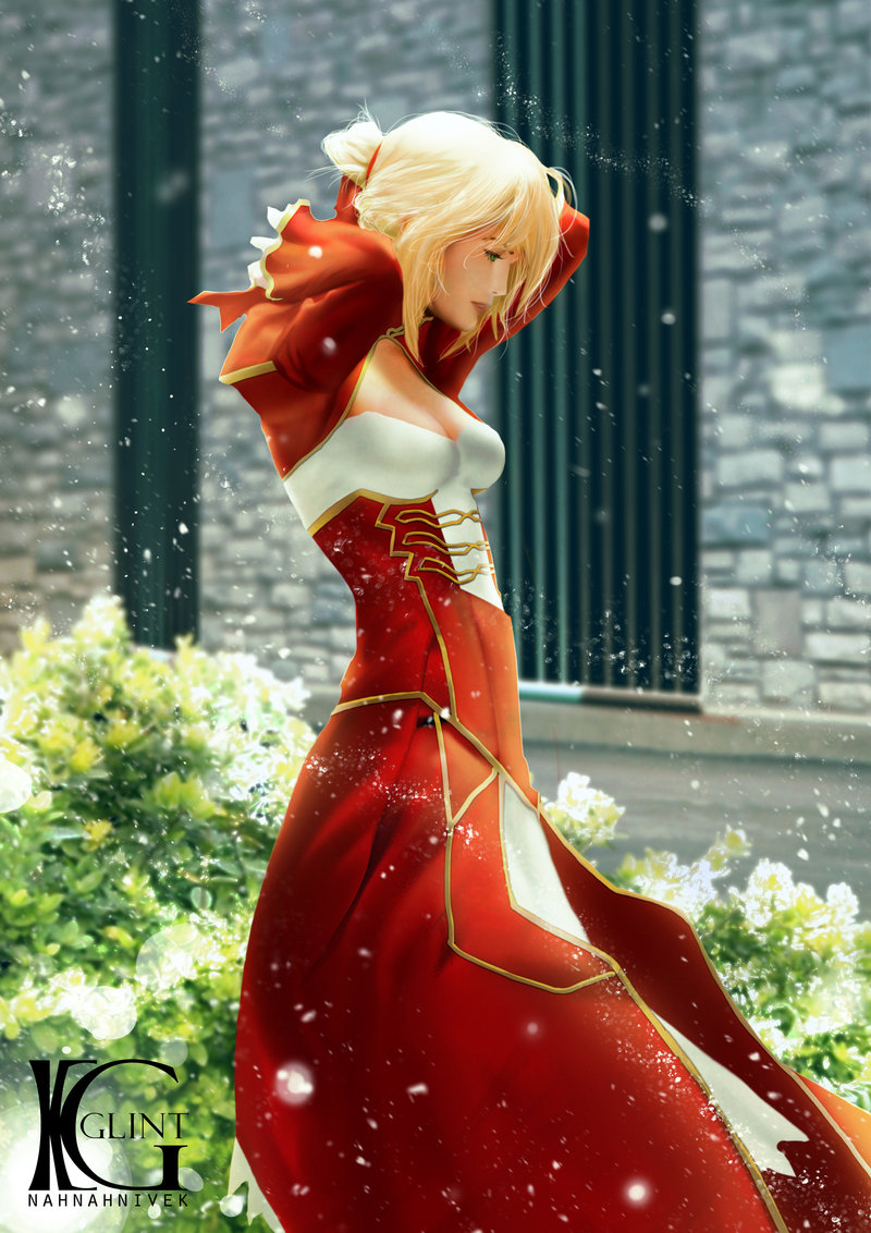 1girl, adjusting_hair, arms_behind_head, arms_up, artist_name, blonde_hair, breasts, cleavage