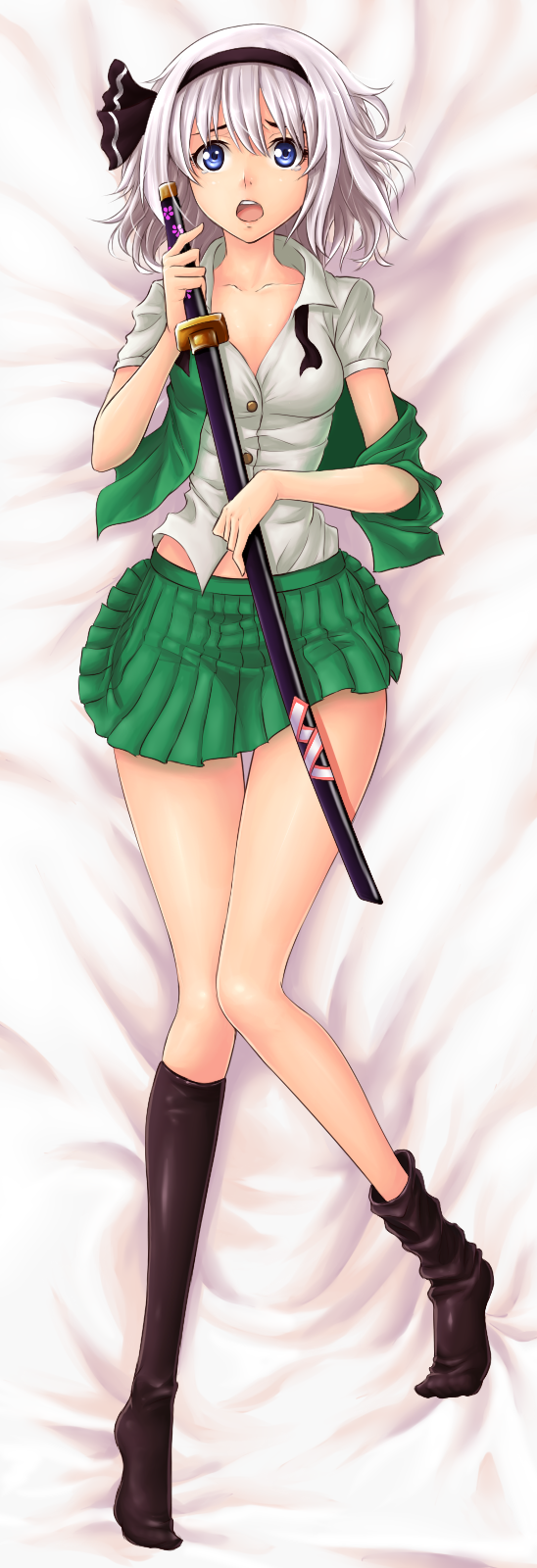 1girl, bed_sheet, black_legwear, blue_eyes, collarbone, dakimakura, hair_ribbon, hairband