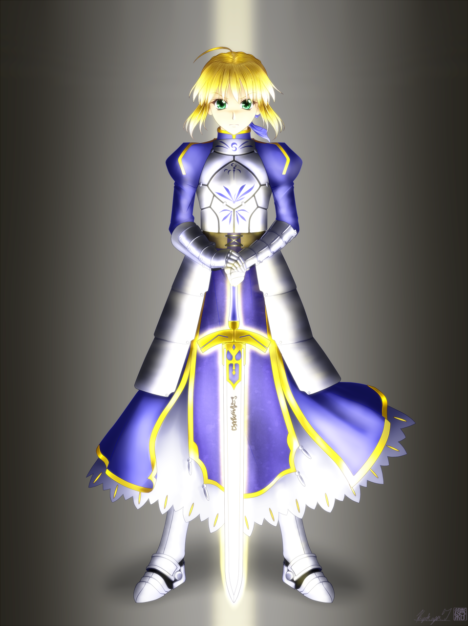 1girl, ahoge, armor, armored_dress, blonde_hair, breastplate, excalibur, fate/stay_night