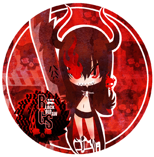 black_gold_saw, black_hair, black_rock_shooter, boots, chibi, coat, glowing, glowing_eyes