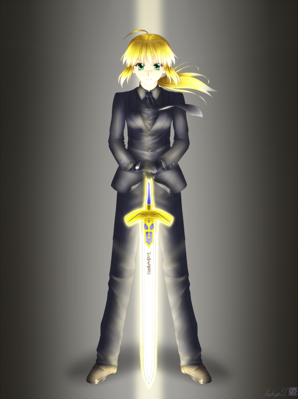 1girl, ahoge, armor, blonde_hair, excalibur, fate/stay_night, fate/zero, fate_(series)