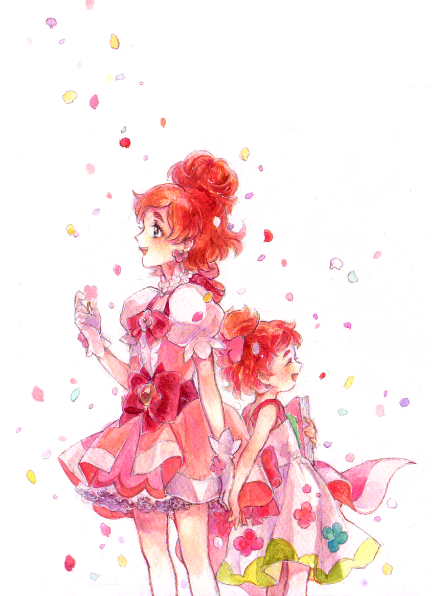 2girls, child, cure_flora, dual_persona, gloves, go!_princess_precure, haruno_haruka, long_hair