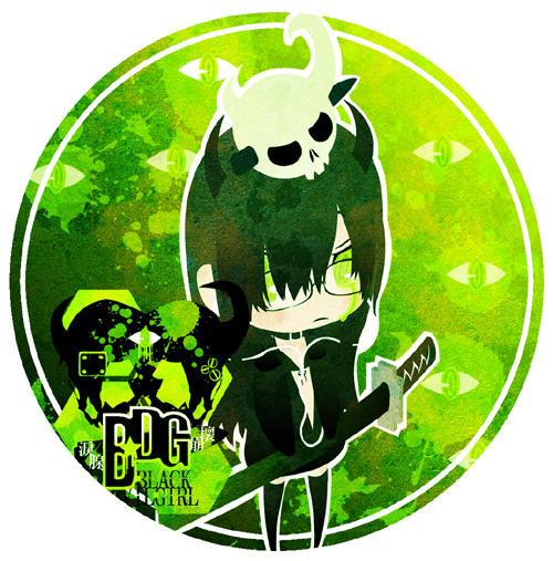 black_devil_girl, black_hair, black_rock_shooter, chibi, coat, glasses, glowing, glowing_eyes