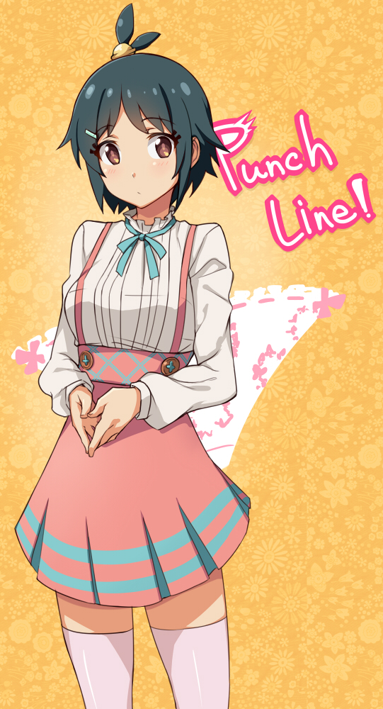 1girl, black_hair, blush, brown_eyes, chiyoko_(punch_line), copyright_name, hands_together, looking_at_viewer