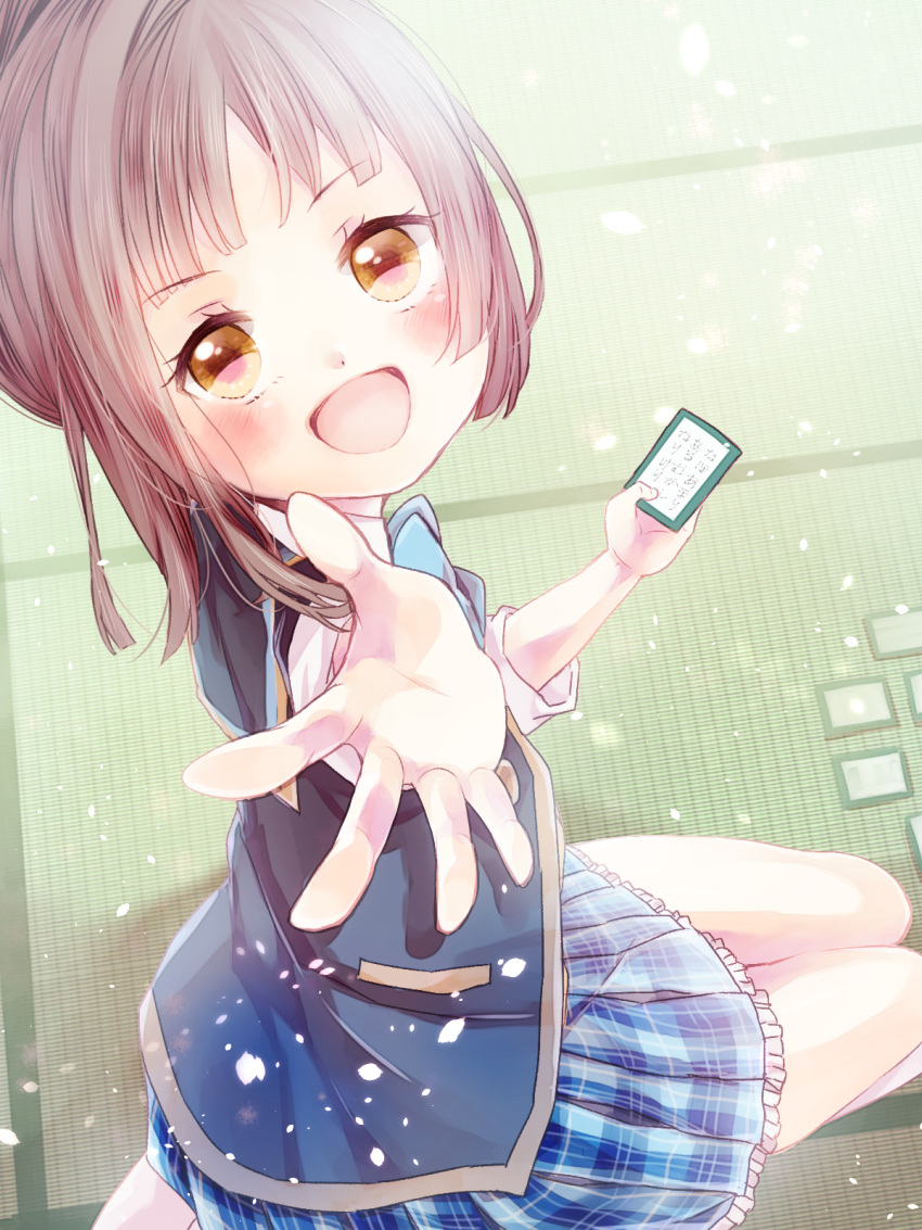 1girl, card, girlfriend_(kari), highres, isezaki_ikuho, looking_at_viewer, offering_hand, open_mouth, school_uniform, solo