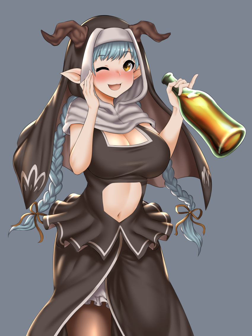 1girl, ;d, blue_hair, blush, bottle, braid, breasts, cleavage