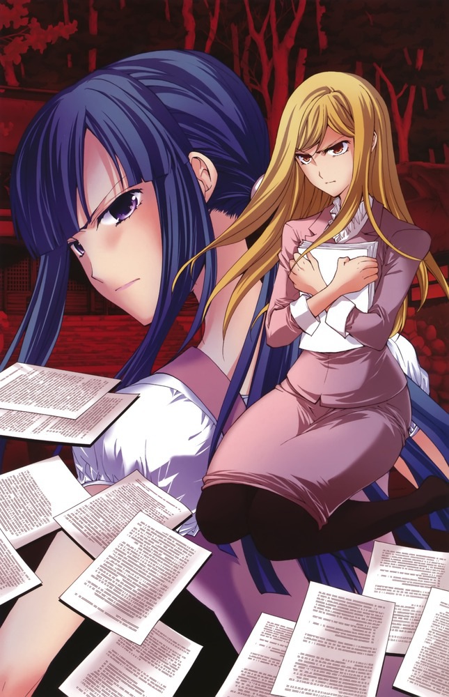 2girls, angry, bangs, blonde_hair, blue_hair, blunt_bangs, brown_eyes, formal