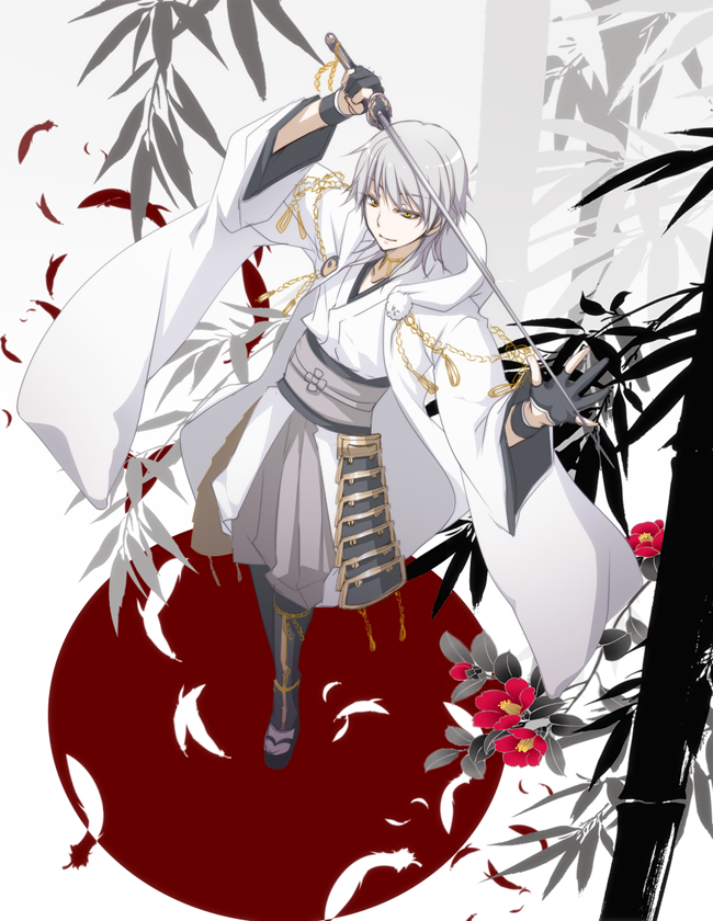 1boy, armor, bamboo, black_gloves, feathers, flower, gloves, hood