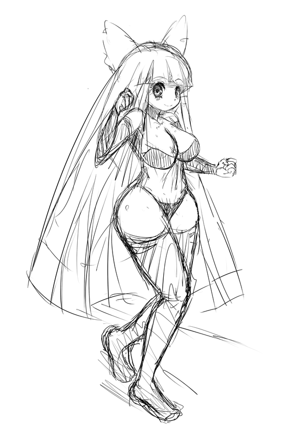 1girl, bikini, bow, breasts, chelostracks, cleavage, hair_bow, large_breasts, long_hair, looking_at_viewer, monochrome, panty_&amp;_stocking_with_garterbelt, sketch, solo, stocking_(psg), swimsuit, thigh-highs, very_long_hair
