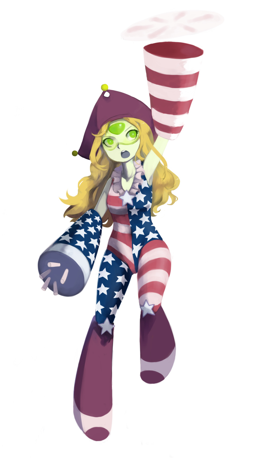 1girl, :o, absurdres, america, arm_up, armpits, bare_shoulders, blonde_hair
