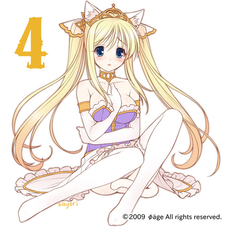 arm_garter, between_breasts, blonde_hair, blue_eyes, cat_ears, cat_tail, elbow_gloves, frills, gloves, lieselotte_schreiber, long_hair, lowres, owari_naki_natsu, owari_naki_natsu_towa_naru_shirabe, sayori, solo, tail, thigh-highs, thighhighs, tiara, very_long_hair, white_legwear