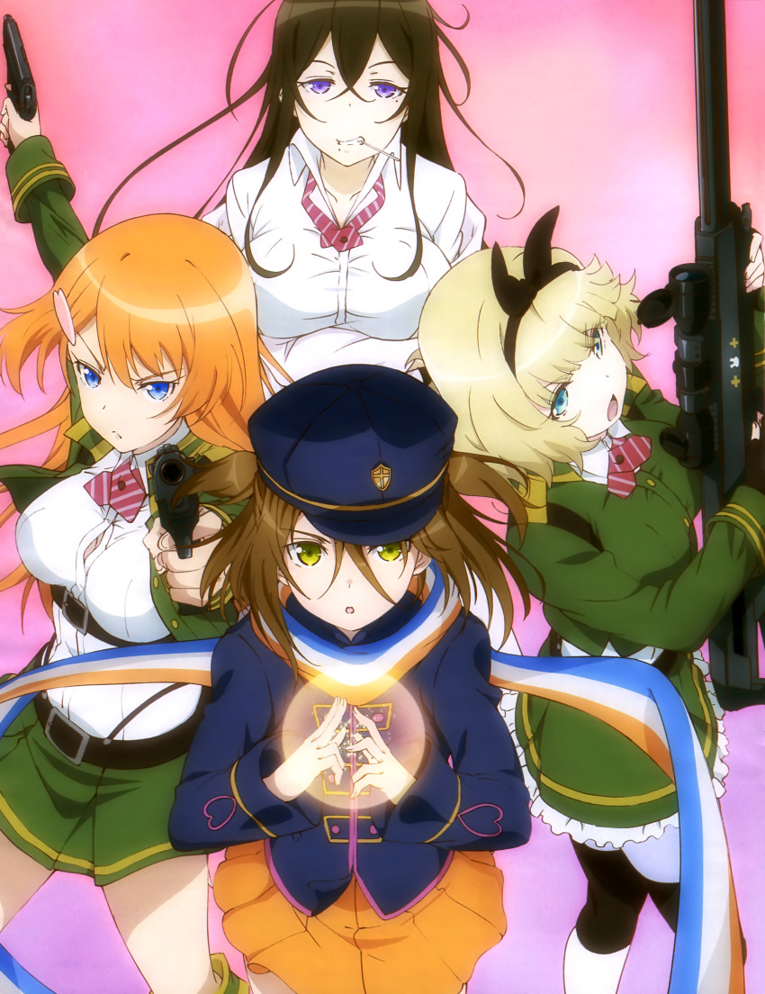 4girls, absurdres, breasts, frown, grin, gun, handgun, highres