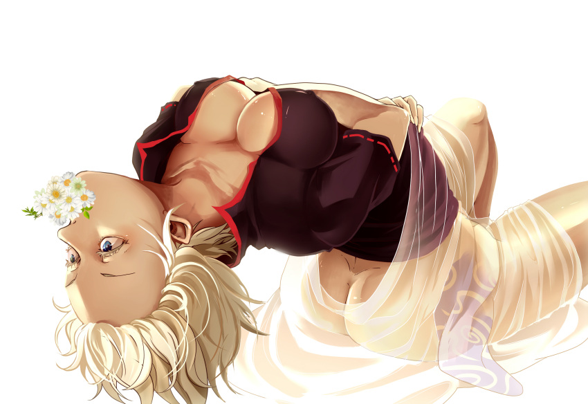 1girl, arched_back, ass, black_shirt, blue_eyes, breasts, butt_crack, cleavage