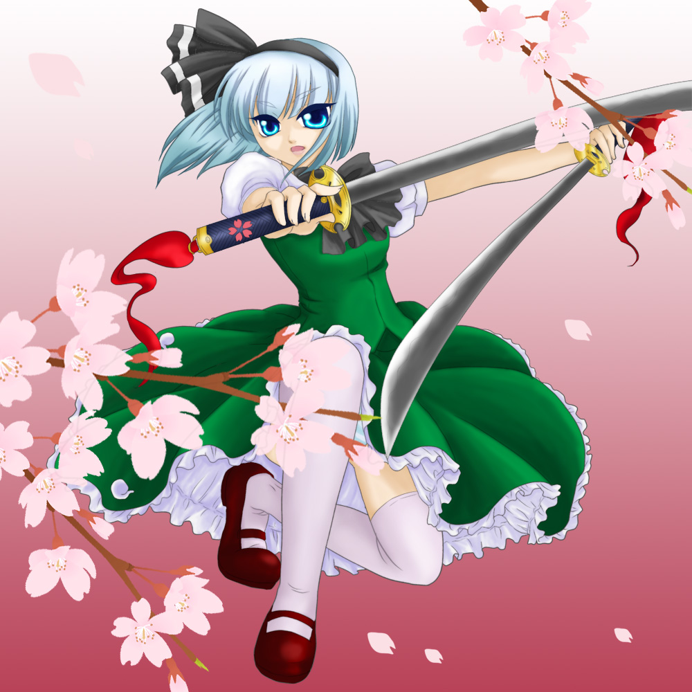 cherry_blossoms, dual_wield, dual_wielding, flower, hairband, katana, konpaku_youmu, mary_janes, murasaki-san, shoes, short_hair, silver_hair, solo, sword, thigh-highs, thighhighs, touhou, weapon