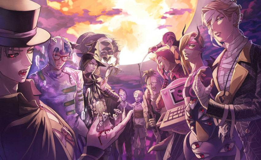 6+boys, animal_ears, baby_face_(stand), bandages, beach_boy_(stand), black_eyes, black_hair, black_sclera