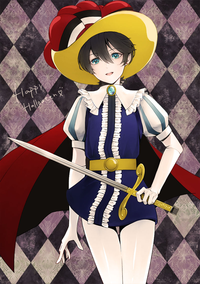 1boy, azi_(ususio6), belt, black_hair, blue_eyes, cape, cosplay, ear_studs
