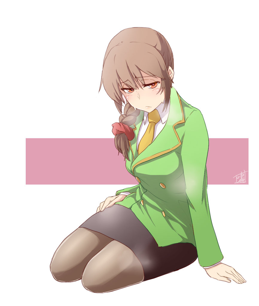 1girl, black_legwear, blush, braid, brown_hair, idolmaster, idolmaster_cinderella_girls, necktie