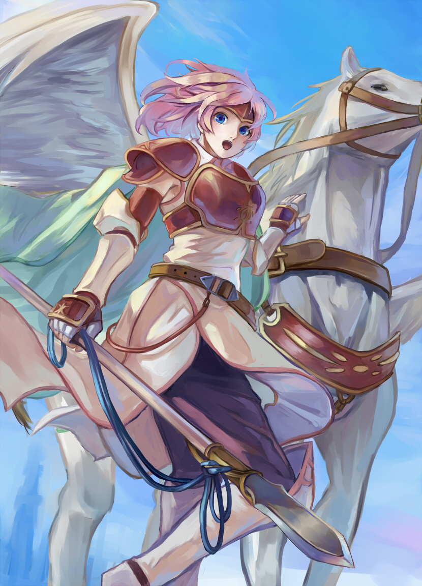 1girl, :o, armor, belt, blue_eyes, breastplate, cape, elbow_gloves