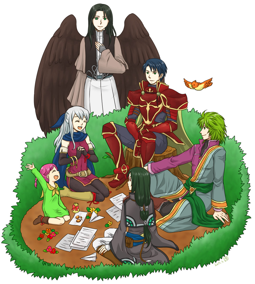 2girls, 4boys, :d, arm_up, armor, armored_boots, artist_request, bare_shoulders