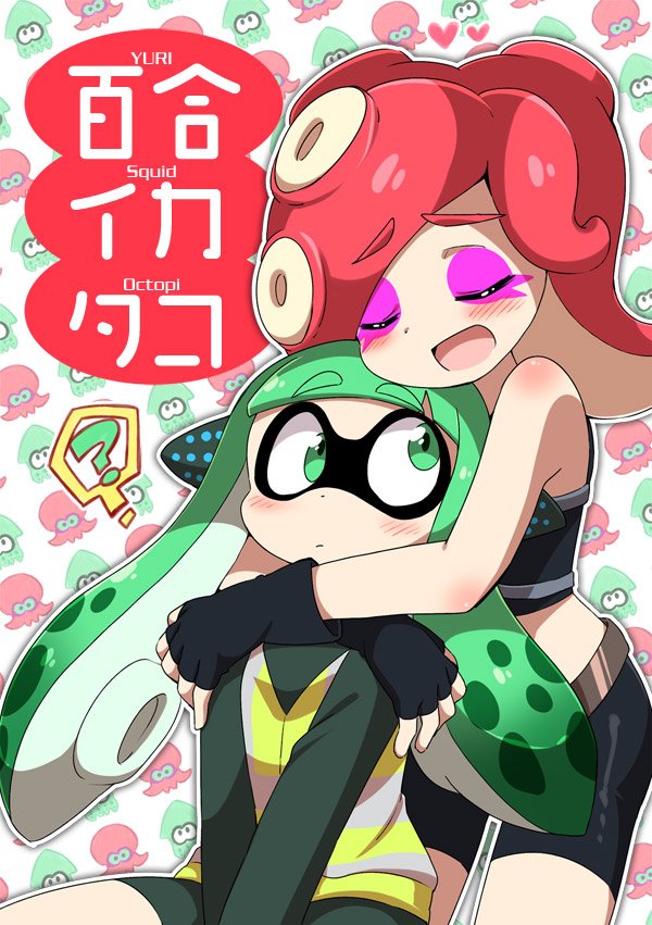 2girls, ?, agent_3, arms_around_neck, artist_name, bike_shorts, blush, closed_eyes, commentary_request, domino_mask, eromame, eyebrows, eyeliner, fingerless_gloves, gloves, green_eyes, green_hair, headphones, hug, hug_from_behind, inkling, long_hair, makeup, mask, midriff, multiple_girls, redhead, splatoon, spoken_question_mark, tentacle_hair, thick_eyebrows, translation_request, yuri