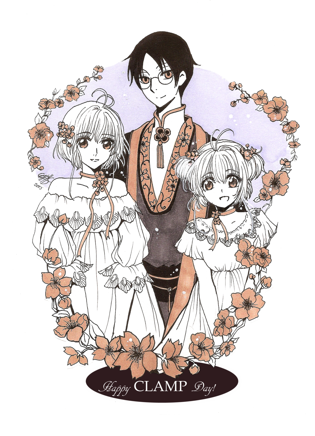 1boy, 2girls, bare_shoulders, black_hair, cardcaptor_sakura, commentary_request, company_connection, crossover, dress, flower, food, frilled_dress, frills, fruit, glasses, gown, gyrhs, hair_flower, hair_ornament, highres, kinomoto_sakura, line, looking_at_viewer, monochrome, multiple_girls, orange, partially_colored, sakura_hime, short_sleeves, simple_background, standing, tsubasa_chronicle, watanuki_kimihiro, white_background, xxxholic