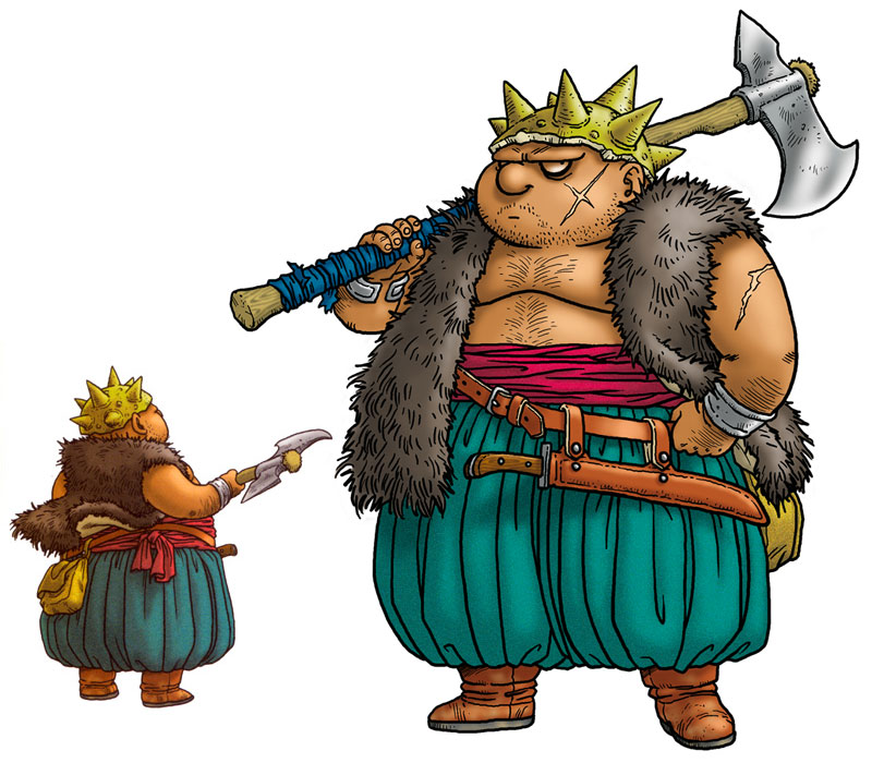 1boy, axe, beard, boots, concept_art, dragon_quest, dragon_quest_viii, facial_hair, helmet, male_focus, official_art, scar, shirtless, simple_background, solo, toriyama_akira, weapon, white_background, yangus