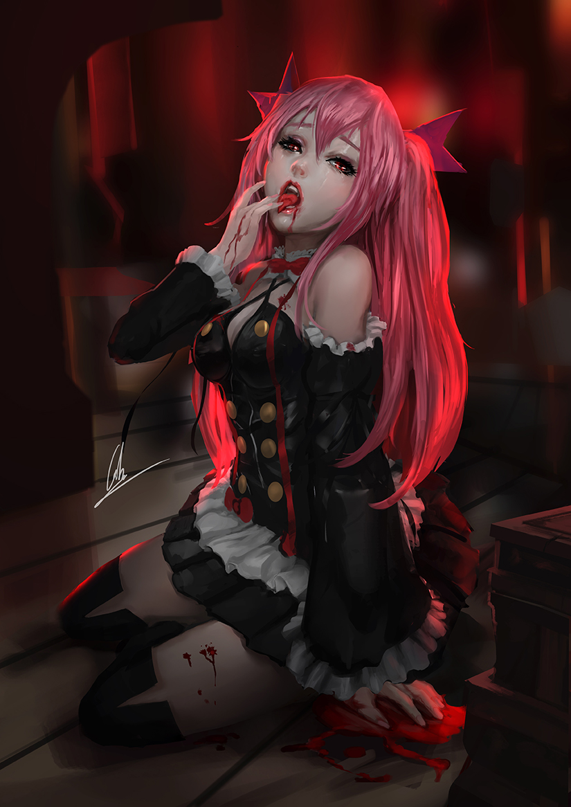 1girl, arm_support, backlighting, bare_shoulders, black_boots, black_dress, black_legwear, blood
