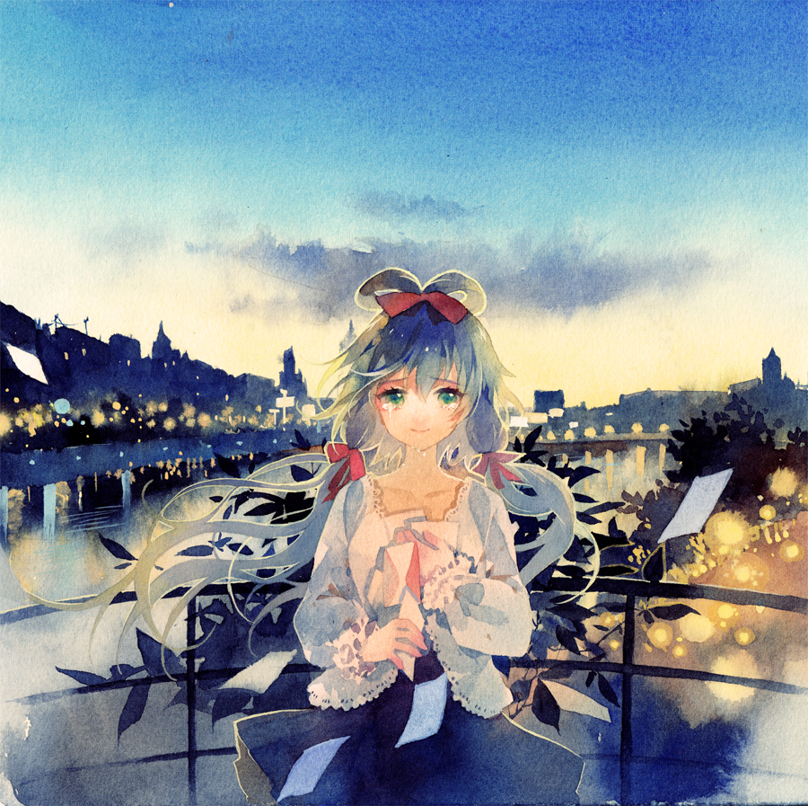 1girl, blurry, bow, bridge, calligraphy_pen_(medium), city, city_lights, collarbone