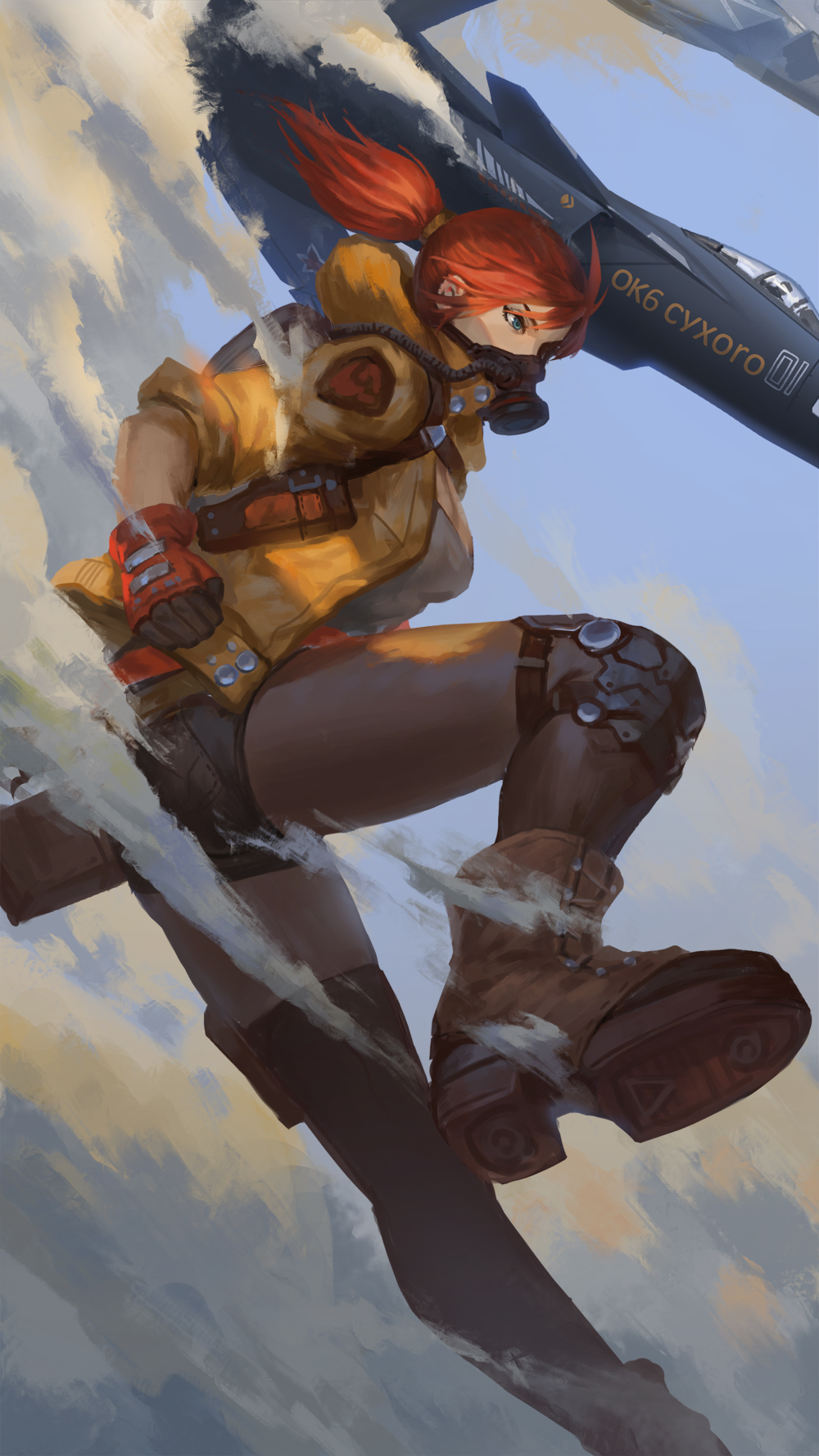 1girl, airplane, blue_eyes, boots, character_request, copyright_request, fighter_jet, gloves