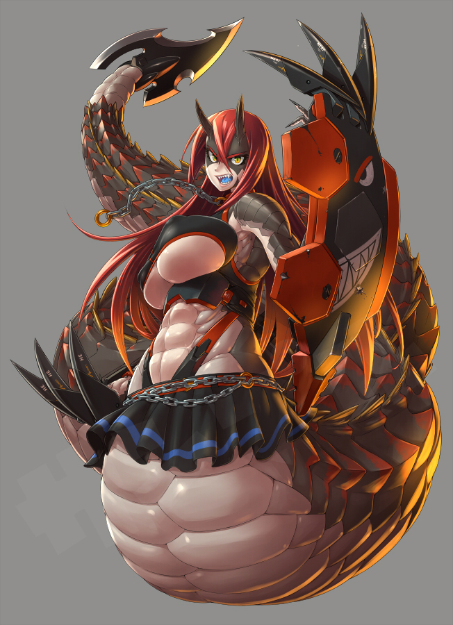 1girl, abs, belt, blade, blue_tongue, breasts, chain, claws, cleavage_cutout, collar, commentary_request, fangs, horns, huge_breasts, lamia, leash, long_hair, looking_at_viewer, mechanical_arm, midriff, mikoyan, monster_girl, muscle, original, rattlesnake, redhead, scales, skirt, slit_pupils, solo, taimanin_asagi, taimanin_asagi_kessen_arena, toned, under_boob, yellow_eyes