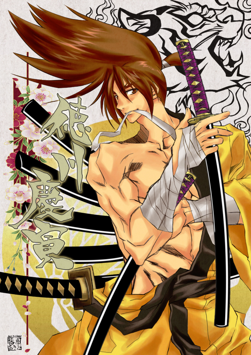1boy, abs, brown_eyes, brown_hair, flower, highres, katana, littlewing-fordreamer