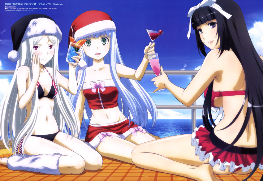 3girls, absurdres, aoki_hagane_no_arpeggio, bikini, christmas, cup, drinking_glass, hand_on_own_cheek, highres, iona, long_hair, multiple_girls, musashi_(aoki_hagane_no_arpeggio), official_art, parted_lips, swimsuit, takaoka_(megami), wine_glass, yamato_(aoki_hagane_no_arpeggio)