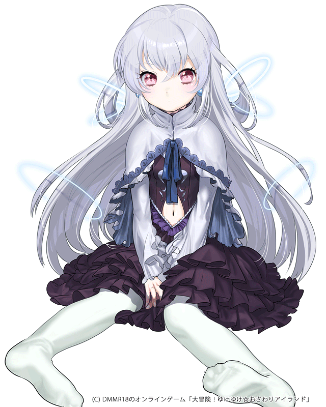 1girl, between_legs, cape, copyright_name, daibouken!_yukeyuke_osawari_island, grey_hair, hand_between_legs, long_hair