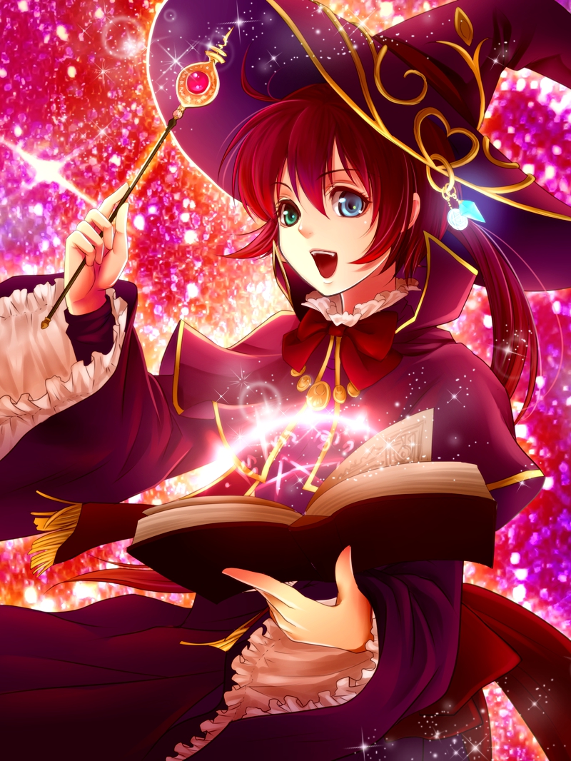 1girl, :d, blue_eyes, book, bowtie, cowboy_shot, frilled_sleeves, frills, green_eyes, grimoire, hair_between_eyes, hat, heterochromia, jewelry, long_sleeves, magical_girl, necklace, open_book, open_mouth, original, ponytail, red_background, redhead, robe, satochi_(1122), short_hair, smile, solo, sparkle, wand, witch_hat