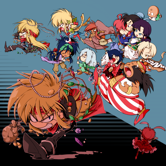 animal_ears, annotated, bald, beard, black_hair, blonde_hair, blue_hair, braid