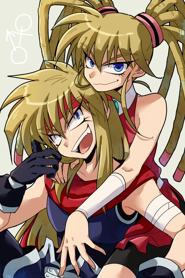 1boy, 1girl, blue_eyes, brown_hair, dual_persona, genderswap, gloves, gokudou-kun_man'yuuki