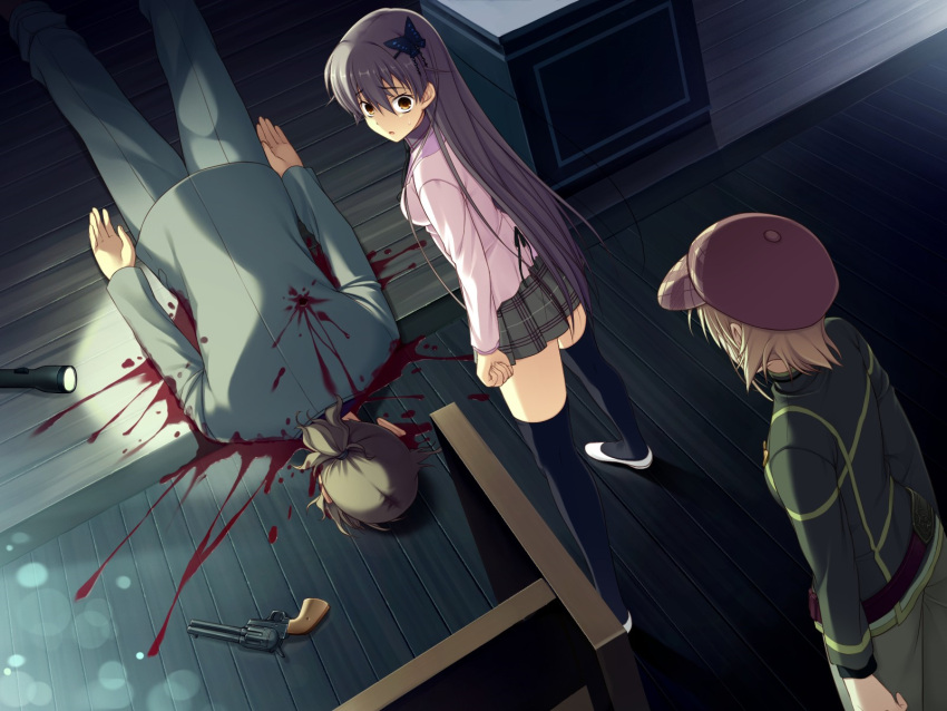 2girls, amamiya_kiza, black_legwear, blood, brown_eyes, brown_hair, butterfly_hair_ornament, corpse, eye_contact, game_cg, gun, hair_ornament, hat, highres, id_rebirth_session, indoors, katase_sakura, long_hair, looking_at_another, multiple_girls, murder, pleated_skirt, skirt, thigh-highs, weapon, zettai_ryouiki