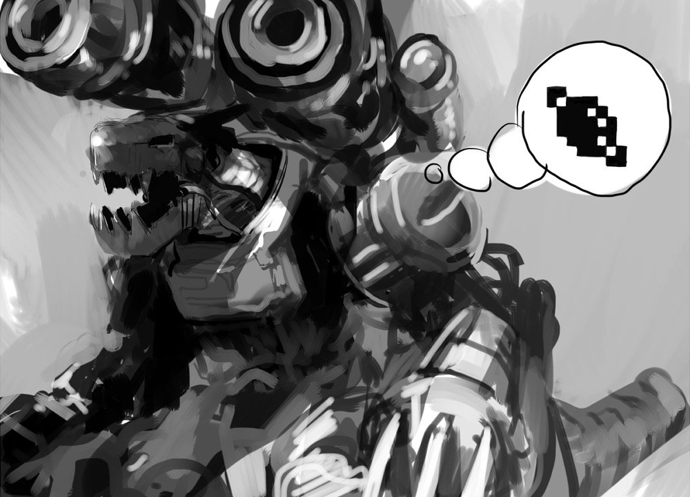 cannon, claws, cus-tom, digimon, gameplay_mechanics, hungry, mecha, monochrome