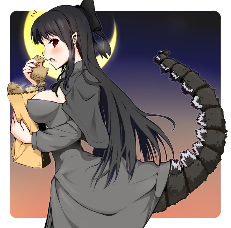 /\/\/\, 1girl, bag, black_hair, blush, bow, breasts, dragon_girl