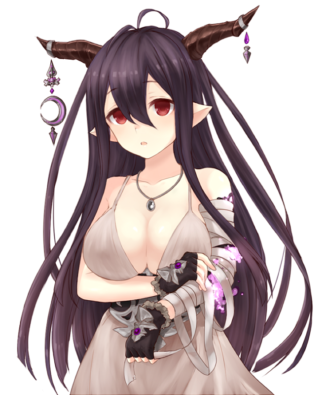 1girl, bandages, black_gloves, black_hair, breasts, cleavage, danua, fingerless_gloves